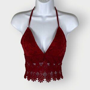 Shein Chiquease Backless Halter Top | 2 | Burgundy Eyelet Lace | Festival Hippie